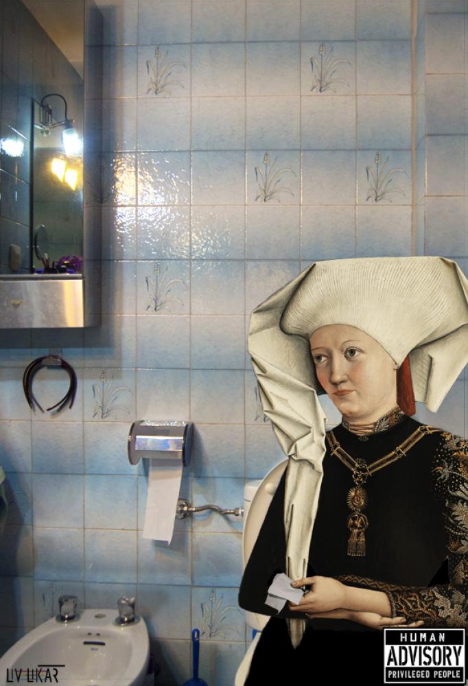 "Privileged people” Retrato de una dama con la orden del cisne en el baño haciendo sus necesidades. Anónimo alemán